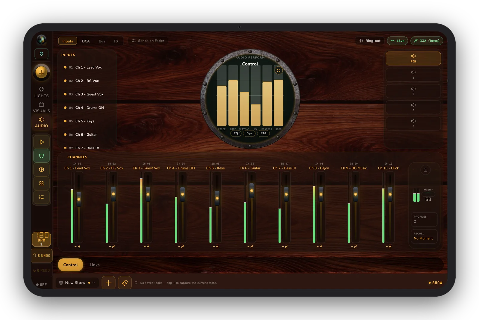 sho.run audio surface showing input channels, group fader levels, and outputs, on an iPad