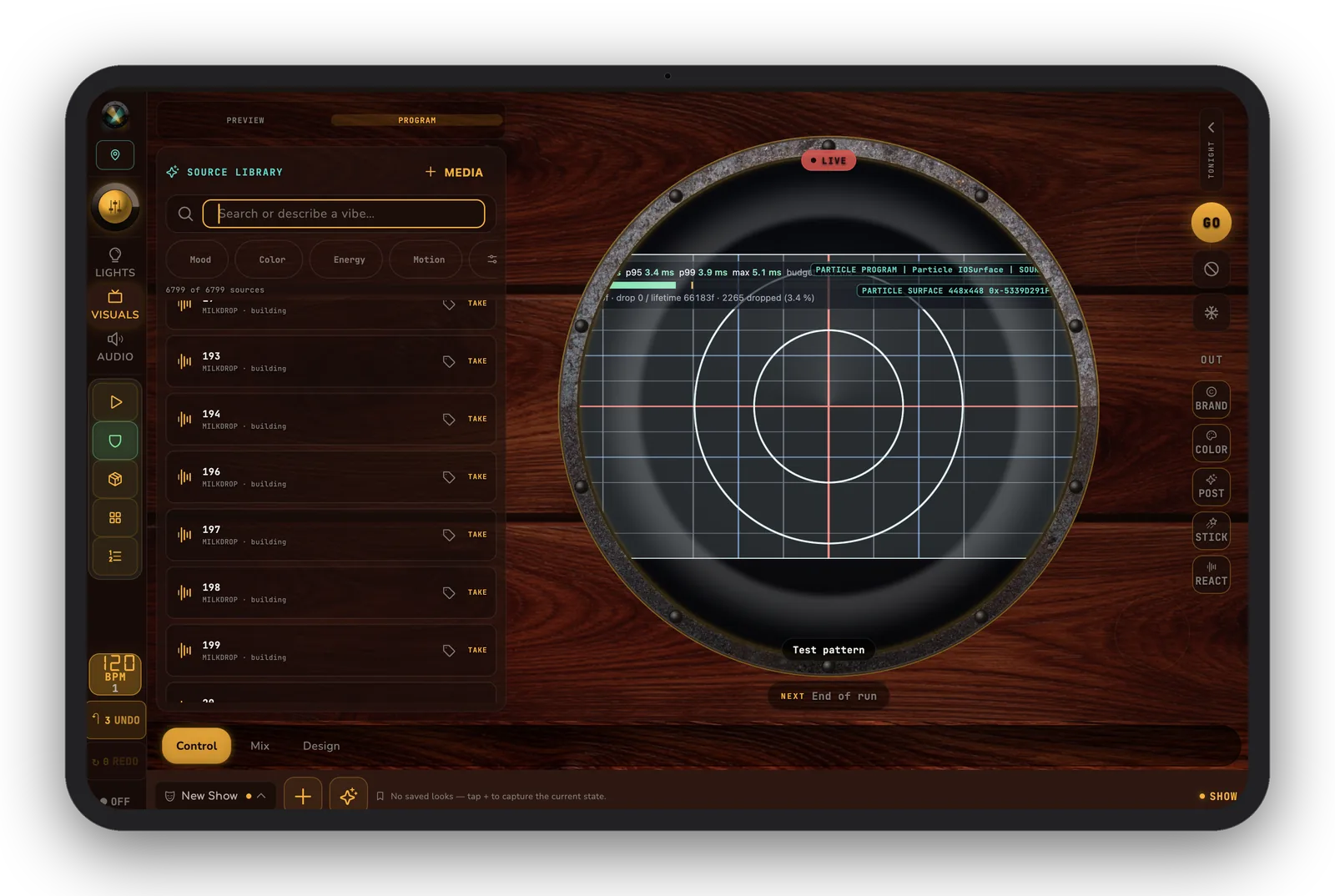 sho.run visuals engine browser with 125 engines and live preview, on an iPad