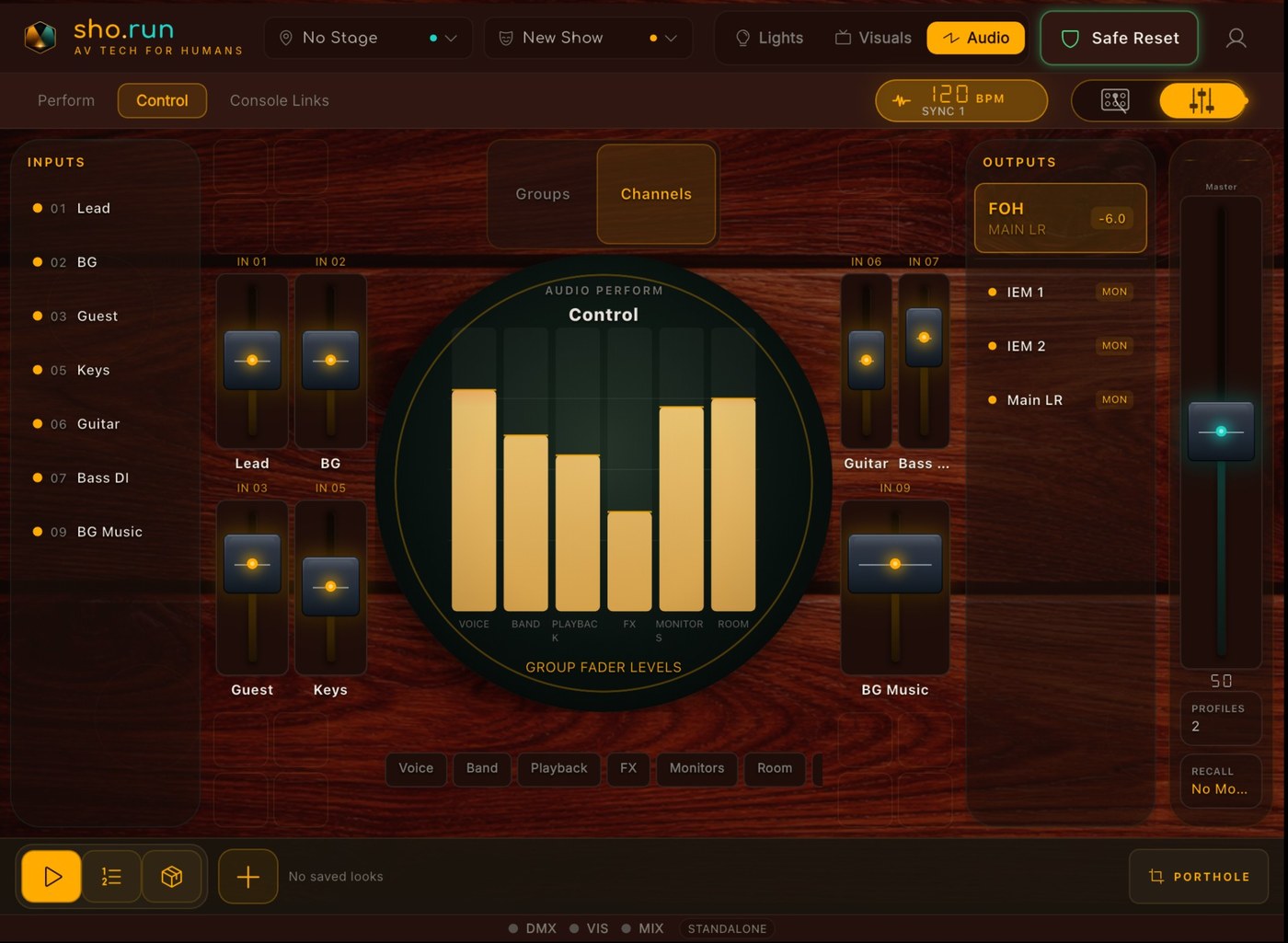 sho.run audio surface with channel faders and group levels